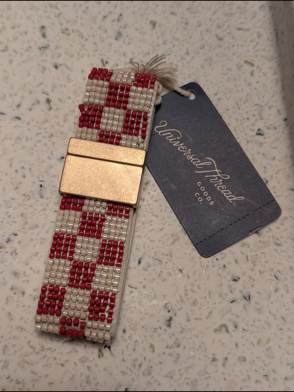 Universal Thread Red & Cream Beaded Checkerboard Bracelet with Magnetic Clasp